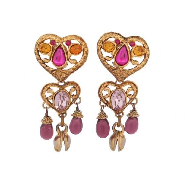 VINTAGE BOUCLES D'OREILLES CHRISTIAN LACROIX COEUR PIERRES & PERLES DORE EARRING