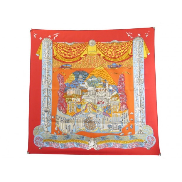 FOULARD HERMES L'ATLANTIDE ANNIE FAIVRE EN SOIE ROUGE + BOITE SILK SCARF 460€