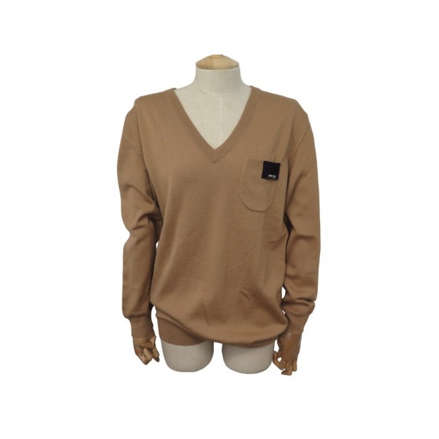 PULL MIU MIU COL V 44 IT 40 FR M EN LAINE MARRON BROWN CAMEL WOOL SWEATER 1000€