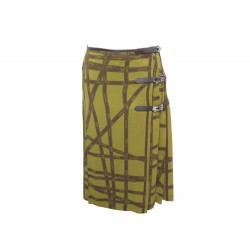 JUPE HERMES KILT BOLDUC FERMOIR KELLY T 36 S EN SOIE GEORGETTE GREEN SILK SKIRT