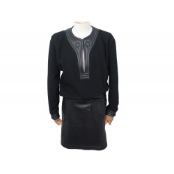 ROBE HERMES TROMPE L'OEIL M 40 EN CUIR D'AGNEAU ET LAINE NOIR CALF WOOL DRESS