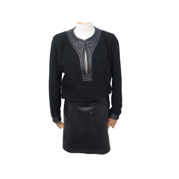 ROBE HERMES TROMPE L'OEIL M 40 EN CUIR D'AGNEAU ET LAINE NOIR CALF WOOL DRESS