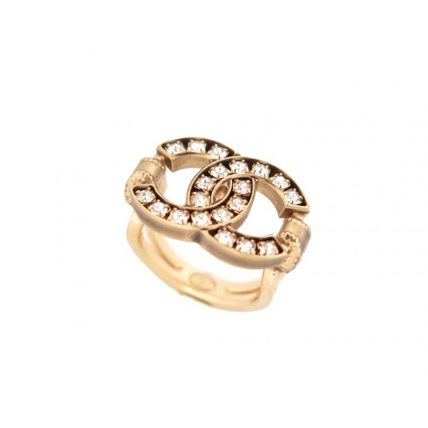 BAGUE CHANEL LOGO CC STRASS 2021 T 50 EN METAL DORE GOLDEN STEEL RING 590€