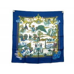 FOULARD HERMES AU FIL DE LA SOIE PAR ANNIE FAIVRE SOIE BLEU BLUE SILK SCARF 460€