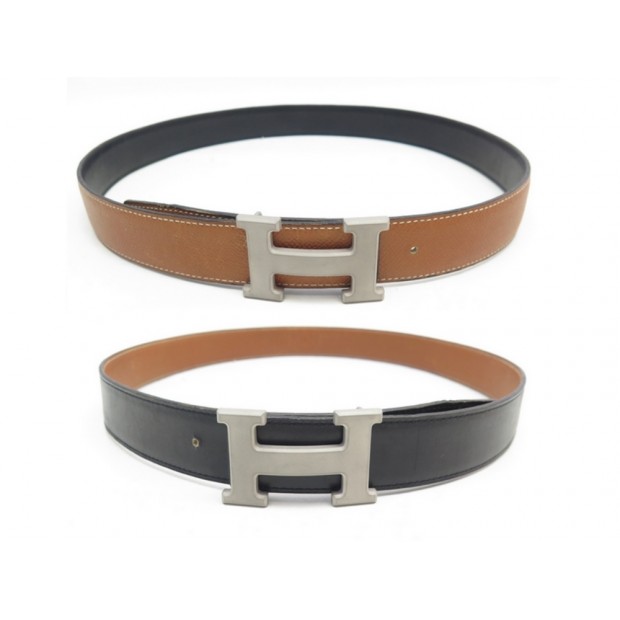 VINTAGE CEINTURE HERMES BOUCLE H PVD 90CM REVERSIBLE CUIR GOLD & NOIR BELT 715€