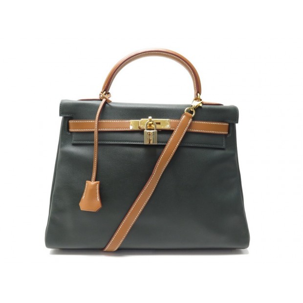 NEUF SAC A MAIN HERMES KELLY 32 1998 CUIR BICOLORE VERT & GOLD BANDOULIERE BAG