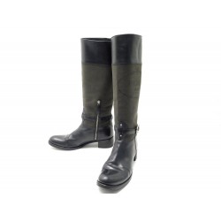 BOTTES CAVALIERES PRADA EN TOILE ET CUIR 39 IT 40 FR NOIR LEATHER BOOTS 1400€