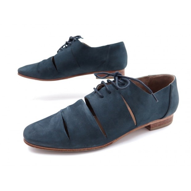 CHAUSSURES HERMES IMPREVU RICHELIEU 37.5 EN DAIM BLEU FEMME BOITE SAC SHOES 810€