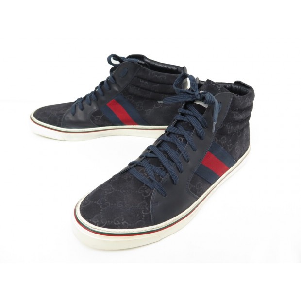 CHAUSSURES GUCCI 147522 SNEAKERS HIGH 44.5 IT 45.5 FR EN TOILE ET CUIR BLEU 590€