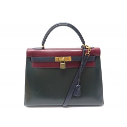 SAC A MAIN HERMES KELLY 32 EN CUIR BOX TRICOLORE BANDOULIERE HAND BAG PURSE