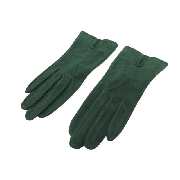 NEUF VINTAGE GANTS CHANEL LOGO CC EN CUIR DE CHEVREAU VELOURS VERT GLOVES 790€