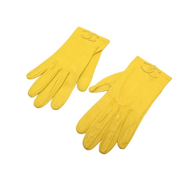 VINTAGE GANTS CHANEL LOGO CC T 7 EN CUIR AGNEAU JAUNE YELLOW LEATHER GLOVES 790€