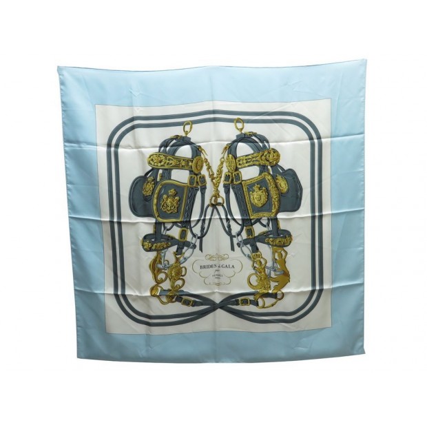 FOULARD HERMES BRIDES DE GALA HUGO GRYGKAR CARRE EN SOIE BLEU SILK SCARF 350€