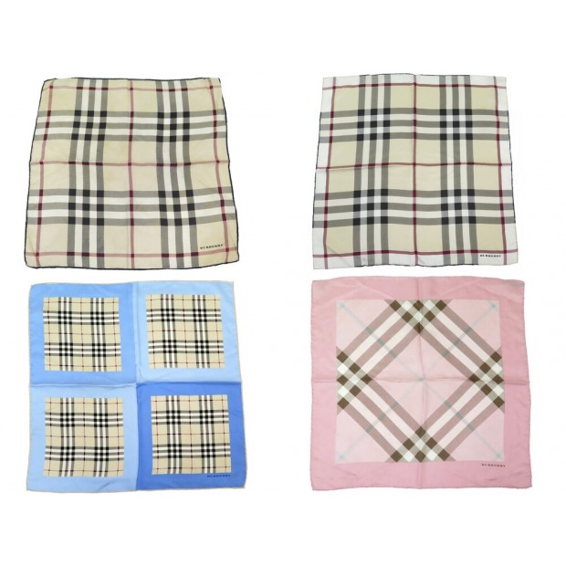 LOT DE 4 POCHETTES GAVROCHE BURBERRY TARTAN SOIE BEIGE BLEU & ROSE SCARF 600€