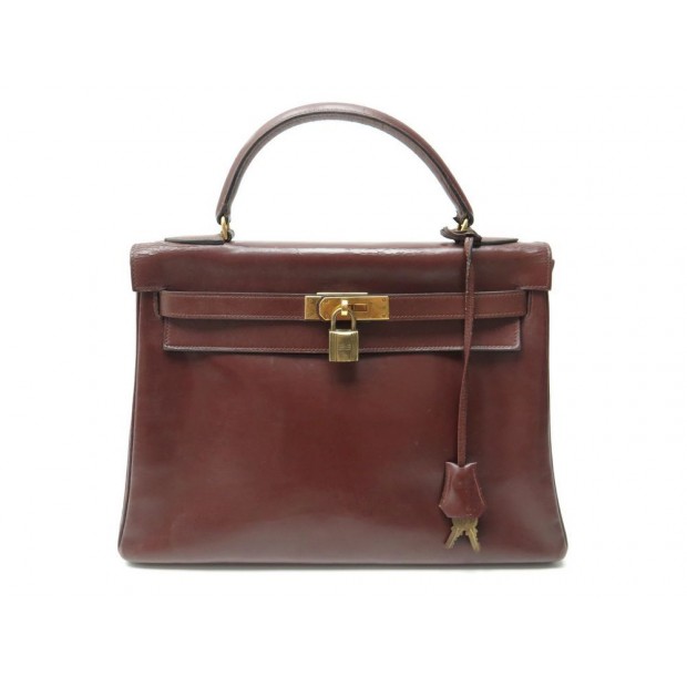  VINTAGE SAC A MAIN HERMES KELLY 32CM CUIR BOX MARRON 