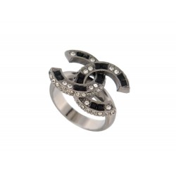 NEUF BAGUE CHANEL LOGO CC PIERRES & STRASS T52 EN METAL ARGENTE STEEL RING 600€