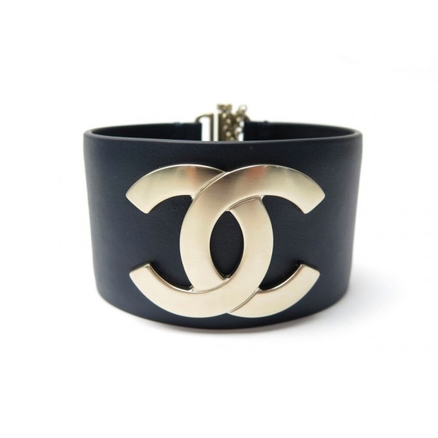 NEUF BRACELET CHANEL MANCHETTE LOGO CC S CUIR BLEU & METAL DORE BOITE CUFF 895€