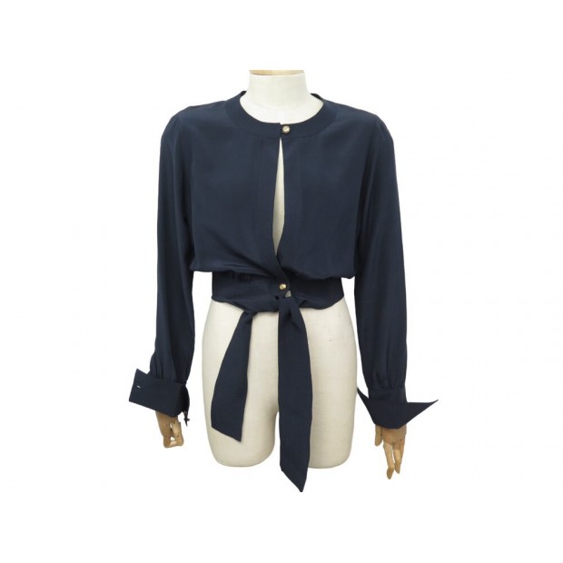 BLOUSE CHANEL NOUEE TAILLE S 36 BLEU MARINE SOIE NAVY BLUE SILK TOP 2500€