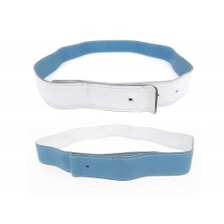 LIEN DE CEINTURE HERMES CUIR REVERSIBLE 32MM T75 BLANC ET BLEU LEATHER BELT 405€