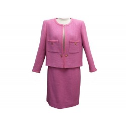 NEUF VESTE TAILLEUR + JUPE CHANEL LOGO CC T42 L EN TWEED ROSE PINK SKIRT 6520€