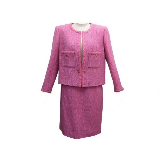 NEUF VESTE TAILLEUR + JUPE CHANEL LOGO CC T42 L EN TWEED ROSE PINK SKIRT 6520€