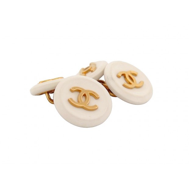 NEUF BOUTONS DE MANCHETTE CHANEL LOGO CC EN RESINE BLANC DORE WHITE BUTTONS