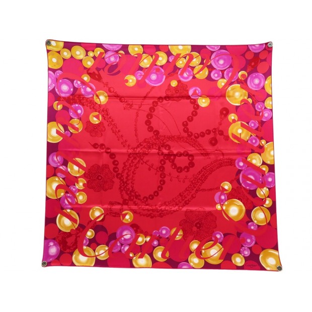 NEUF FOULARD CARTIER BIJOUX CARRE 90 SOIE ROUGE ET DORE + BOITE JEWEL SCARF 410€