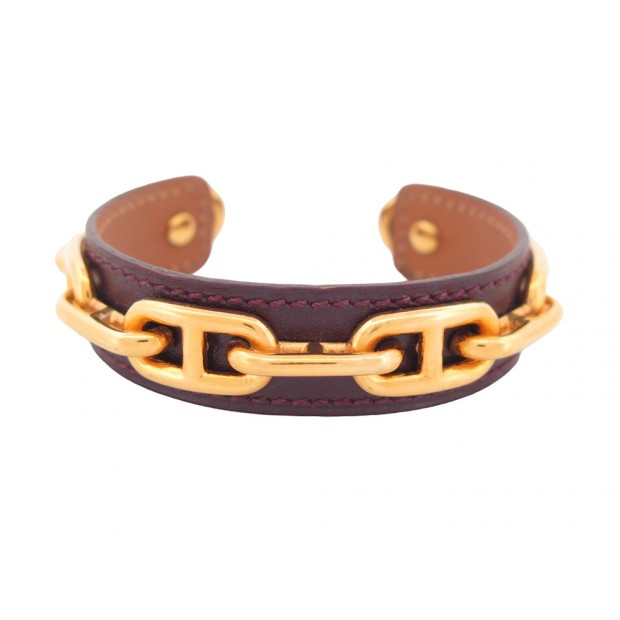 BRACELET HERMES MAILLONS CHAINE D'ANCRE T19 CUIR BORDEAUX LEATHER BANGLE 555€