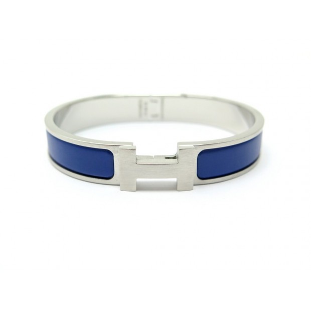 NEUF BRACELET HERMES CLIC HH T18 6.5 EMAIL BLEU MAT & ACIER PALLADIE BANGLE 615€