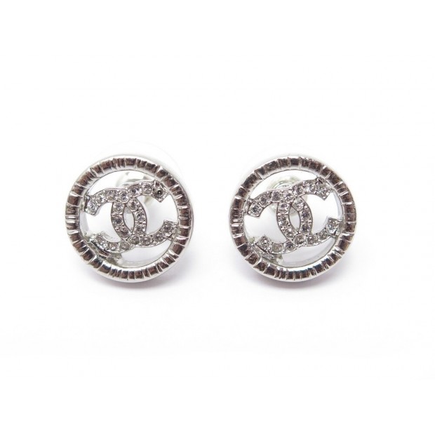 NEUF BOUCLES D'OREILLES CHANEL LOGO CC STRASS EN METAL ARGENTE EARRINGS 20€