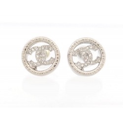 NEUF BOUCLES D'OREILLES CHANEL LOGO CC STRASS EN METAL ARGENTE EARRINGS NEW