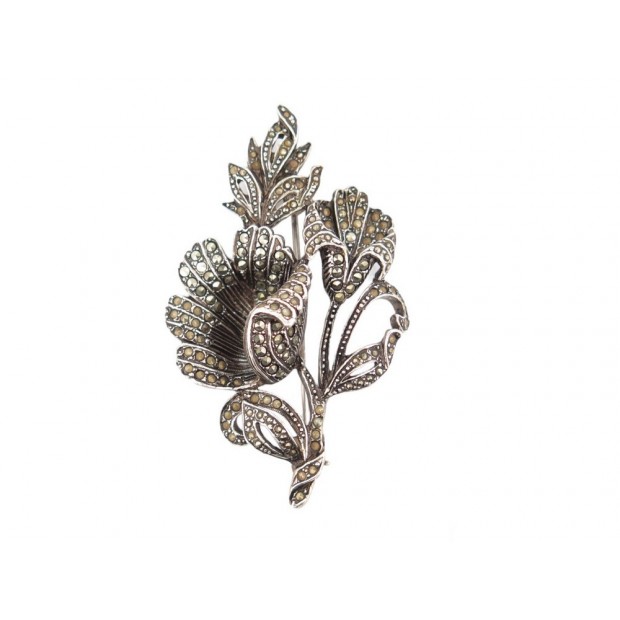 NEUF BROCHE SAINT LAURENT FLEURS EN METAL ARGENTE & STRASS NEW FLOWER BROOCH