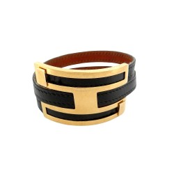 BRACELET HERMES H COULISSANT 17-21 CM EN CUIR NOIR ET METAL DORE + BOITE 500€