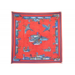 FOULARD HERMES LA MARE AUX CANARDS DAPHNE DUCHESNE SOIE ROUGE SLIK SCARF 460€