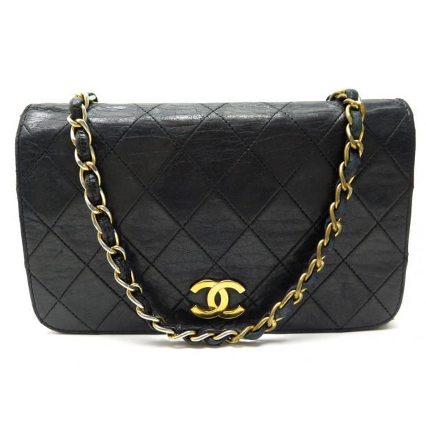 VINTAGE SAC A MAIN CHANEL POCHETTE RABAT TIMELESS CUIR NOIR BANDOULIERE 3200€