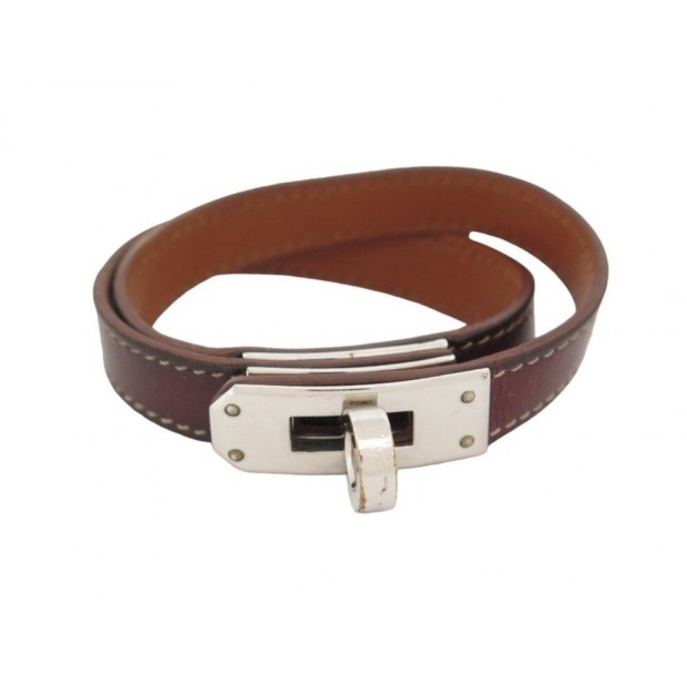 BRACELET HERMES KELLY DOUBLE TOUR S 19CM CUIR MARRON PALLADIE LEATHER BAGLE 540€