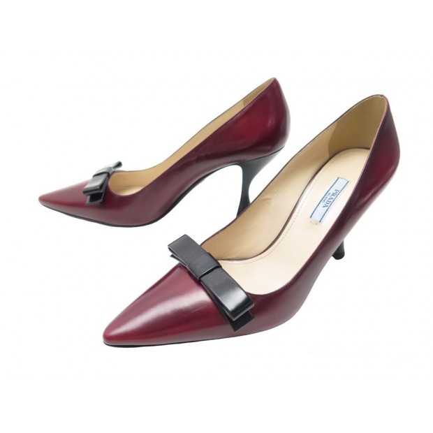 NEUF CHAUSSURES PRADA ESCARPINS NOEUDS 39 CUIR BORDEAUX LEATHER PUMP SHOES 890€