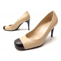 CHAUSSURES CHANEL 36 ESCARPINS EN CUIR BICOLORE BEIGE NOIR BOITE SAC SHOES 620€