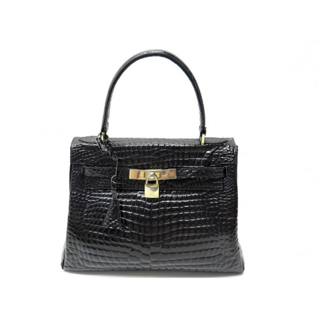 VINTAGE SAC A MAIN RABAT TYPE KELLY EN CUIR FACON CROCODILE NOIR BLACK HAND BAG