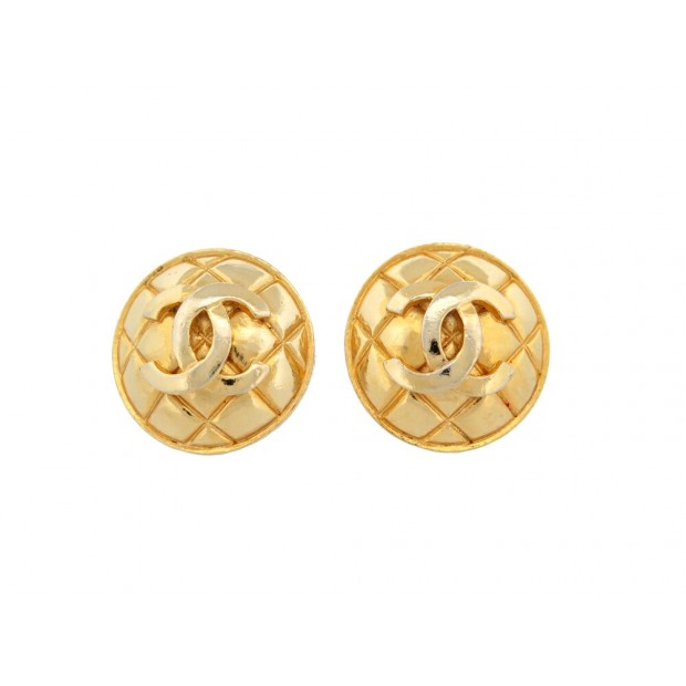 VINTAGE BOUCLES D'OREILLES CHANEL MATELASSE LOGO CC DORE 1990 QUILTED EARRINGS