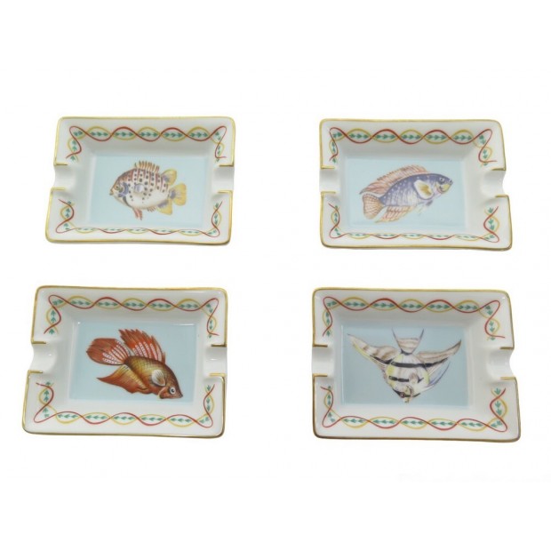 NEUF SET DE 4 MINI CENDRIERS HERMES POISSONS EN PORCELAINE BLANCHE ASHTRAYS 850€