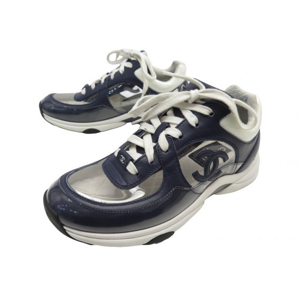 BASKETS CHANEL LOGO CC G33862 37 CUIR & PLASTIQUE BLEU SNEAKERS SHOES 1150€