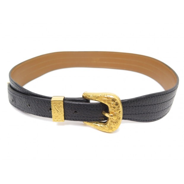 VINTAGE CEINTURE HERMES BOUCLE WESTERN T70 EN CUIR NOIR & DORE LEATHER BELT 590€