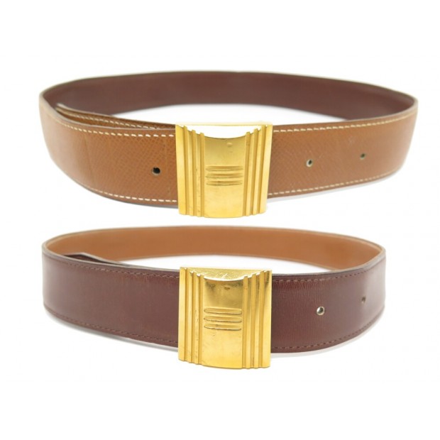 VINTAGE CEINTURE HERMES BOUCLE H GRAVEE 70 CM EN CUIR GOLD ET MARRON BELT 620€