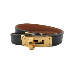 BRACELET HERMES KELLY DOUBLE TOUR M 17CM CUIR NOIR BOX DORE LEATHER BANGLE 540€