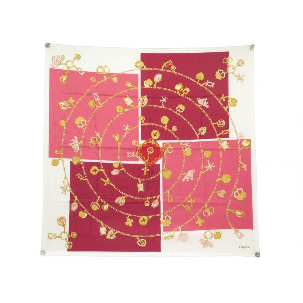 NEUF FOULARD CARTIER MOTIF CHAINE & LOGO CARRE 90 SOIE BEIGE SILK SCARF 410€