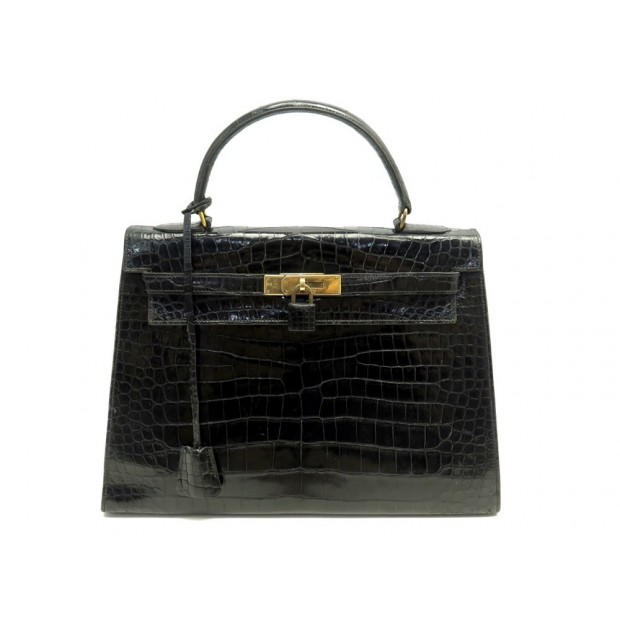 VINTAGE SAC A MAIN HERMES KELLY 32 SELLIER EN CUIR DE CROCODILE NOIR HAND BAG