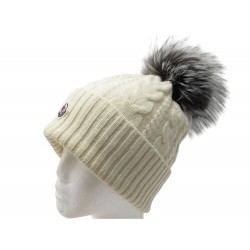 NEUF BONNET MONCLER BERRETTO TRICOT POMPON EN LAINE ET CACHEMIRE BLANC 320€