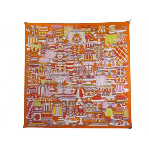 NEUF FOULARD HERMES CARRE 90 LA PATISSERIE FRANCAISE SOIE ORANGE SILK SCARF NEW