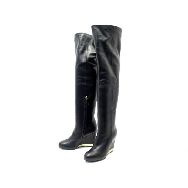 CHAUSSURES CHANEL BOTTES G31303 37.5 CUISSARDE TALONS COMPENSES CUIR BOOT 1800€